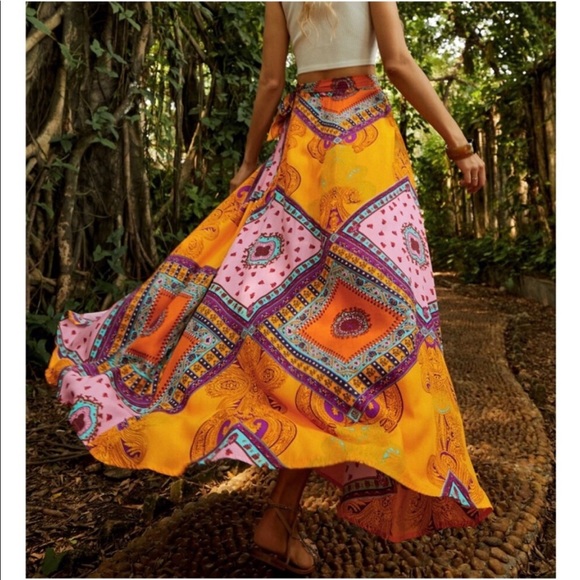 Boho Festival Floral Scarf Print Knot Side Slit Maxi Skirt - Picture 3 of 6